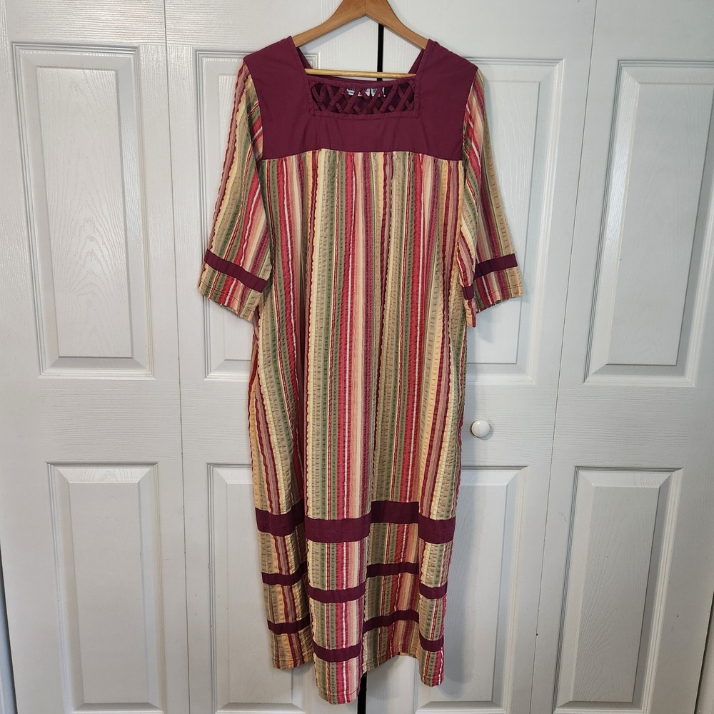Vintage National Womens Medium Cotton Striped Mumu Dress Square Neck XL House